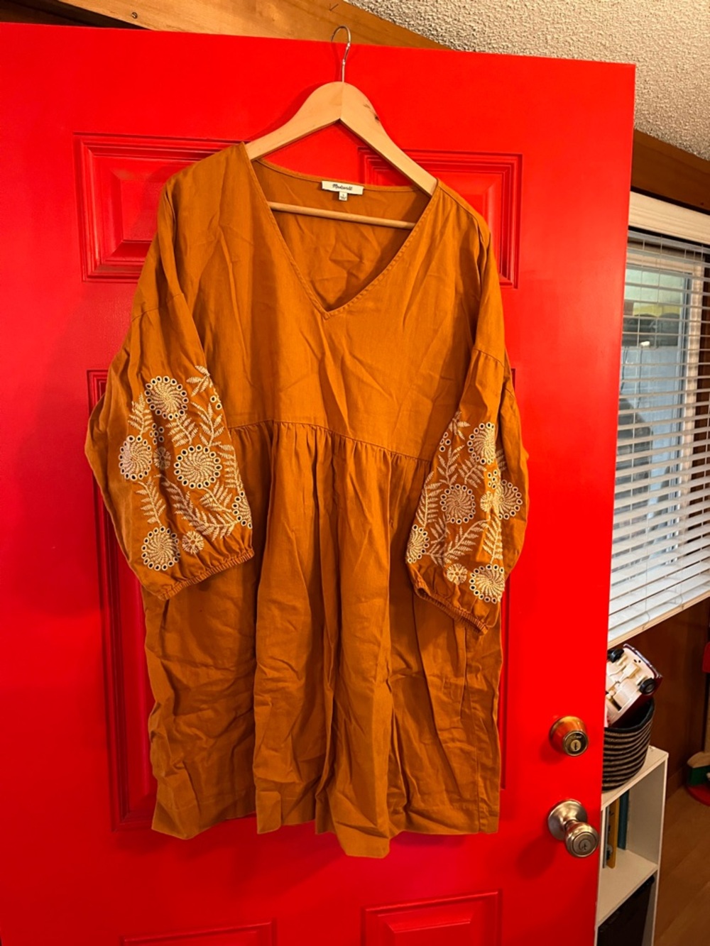Madewell Mustard Embroidered Sleeve V-Neck Women’s Dress Size Large